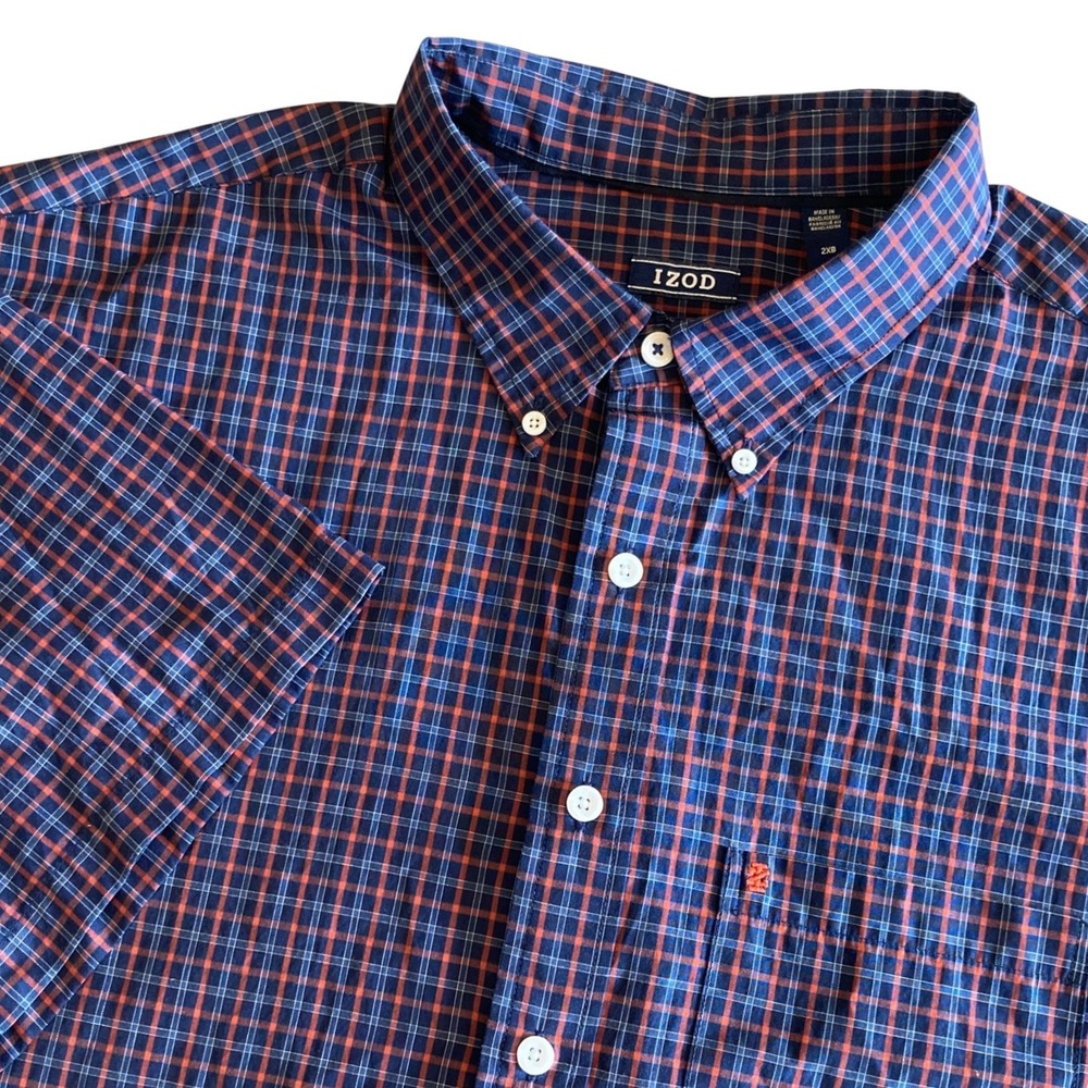 IZOD Mens 2XB Navy Blue Orange Plaid Short Sleeve Button Down‎ Shirt 46IZFHB16X